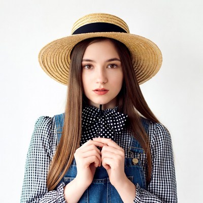 Girl in straw hat and overalls