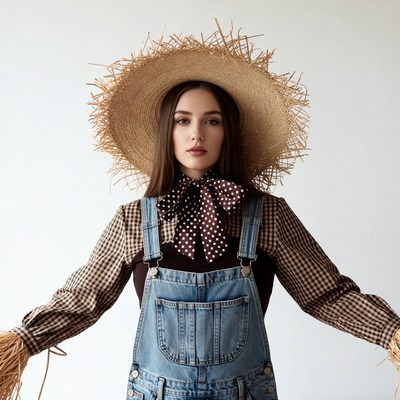 Woman in Scarecrow Outfit with Straw Hat