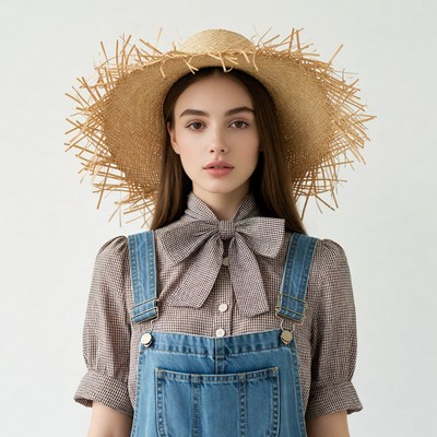 Woman wearing straw hat and overalls