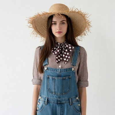 Woman in denim overalls and straw hat