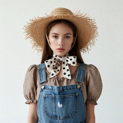 Woman in straw hat and denim overalls