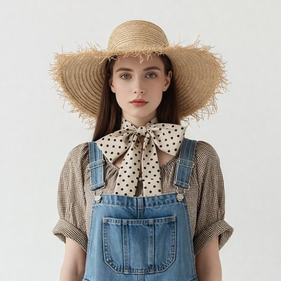 Woman wearing straw hat and overalls