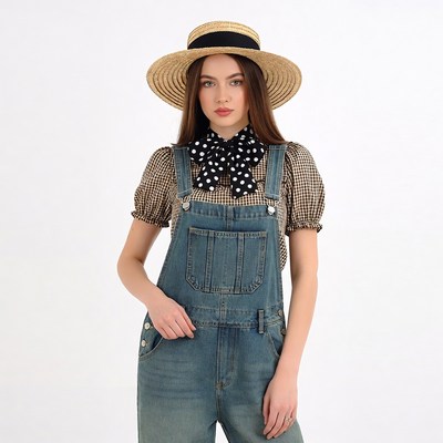 Woman in denim overalls and straw hat