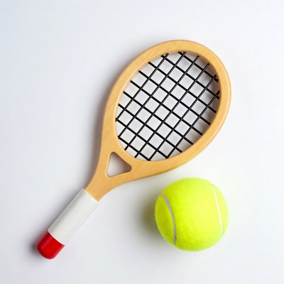 Wooden tennis racket and ball