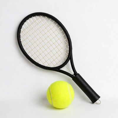 Black tennis racket and yellow ball