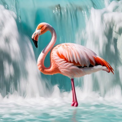 Pink Flamingo Standing by Waterfall