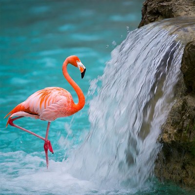 Flamingo standing by waterfall