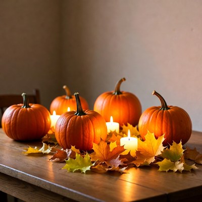 Pumpkins and Candles on Wooden Table