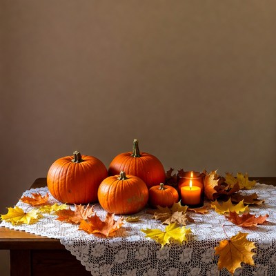 Pumpkins and Autumn Leaves on Table
