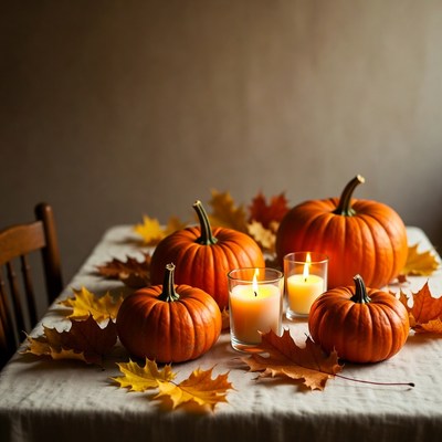 Pumpkins and Candles on Autumn Table