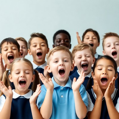 Diverse children singing in school uniforms