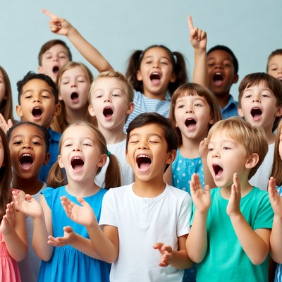 Diverse children singing with arms raised