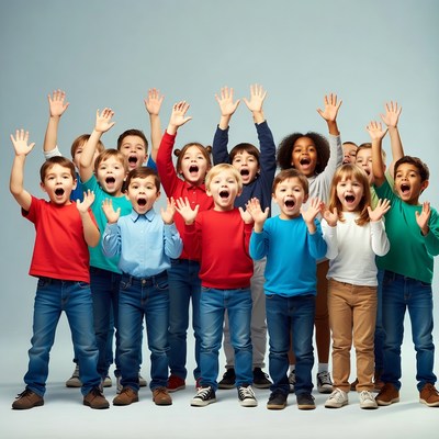 Diverse kids cheering with raised hands