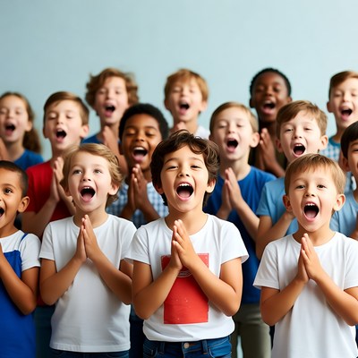 Diverse children singing with hands clasped