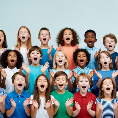 Diverse children singing with arms raised