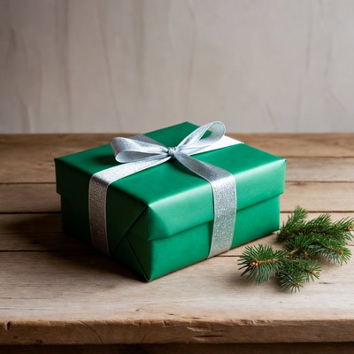 Green gift box with silver bow