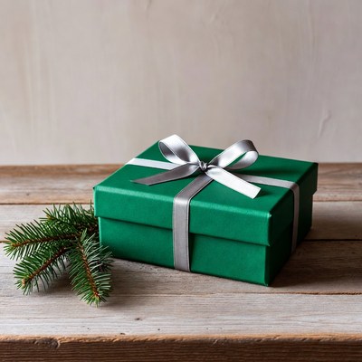Green gift box with silver bow