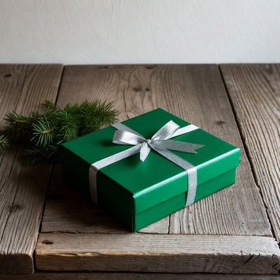 Green gift box with silver ribbon