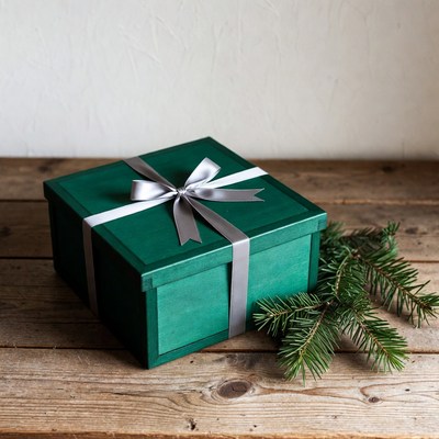 Green gift box with silver ribbon
