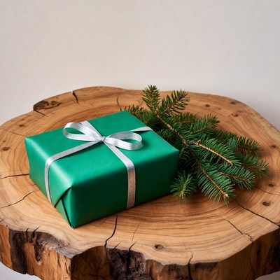 Green gift box with silver ribbon