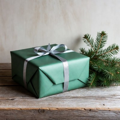 Green gift box with silver ribbon