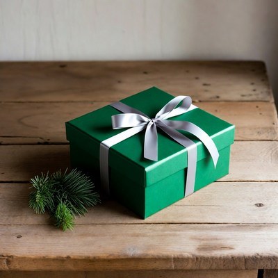 Green gift box with silver ribbon