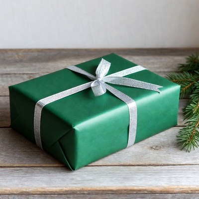 Green gift box with silver ribbon