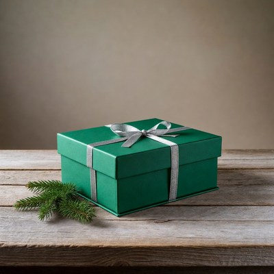Green gift box with silver ribbon