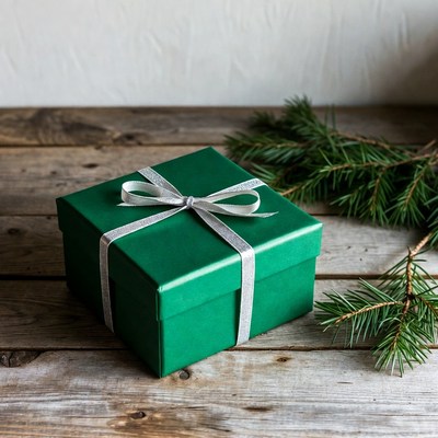 Green gift box with silver ribbon