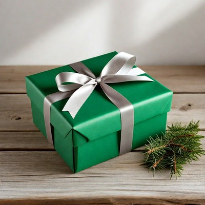Green gift box with silver ribbon