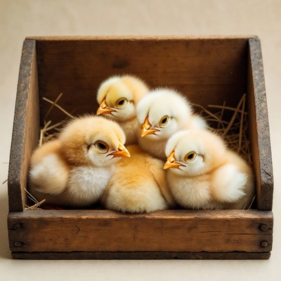 Baby Chicks in Wooden Nest Box