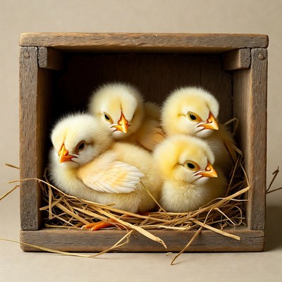 Four fluffy chicks in wooden crate