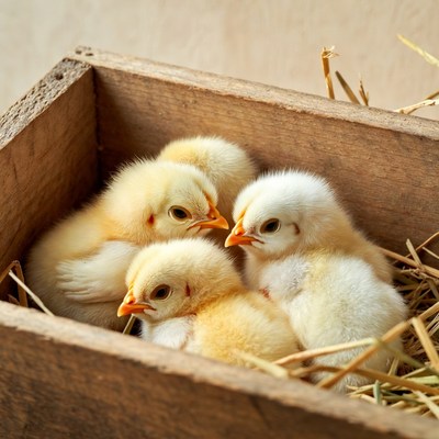 Four fluffy chicks in wooden box