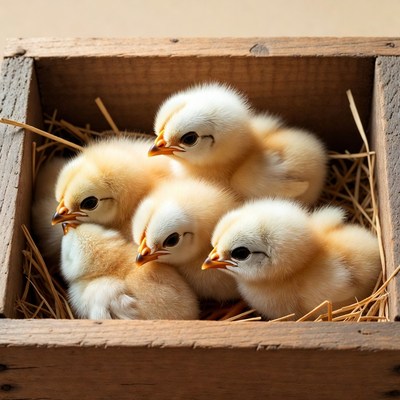 Baby Chickens in Wooden Crate