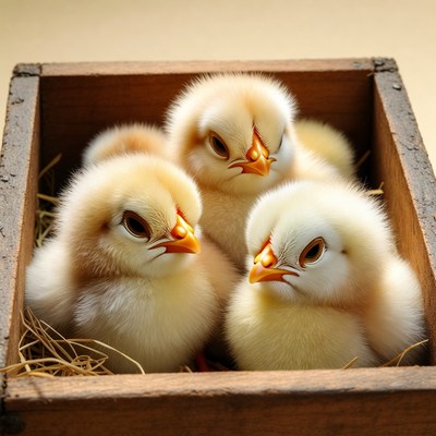 Baby Chickens in Wooden Crate