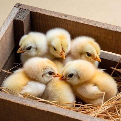 Fluffy yellow chicks in wooden crate