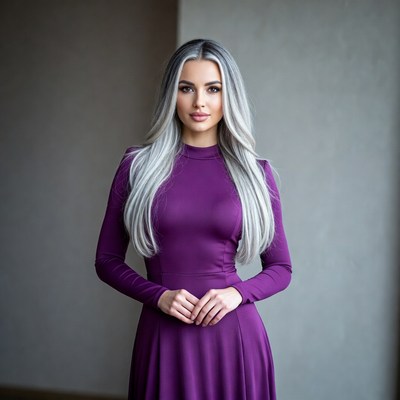 Woman in purple dress with silver hair