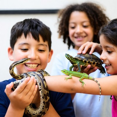 Children holding snake lizard turtle