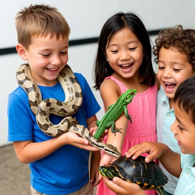 Children Holding Snake Lizard Turtle