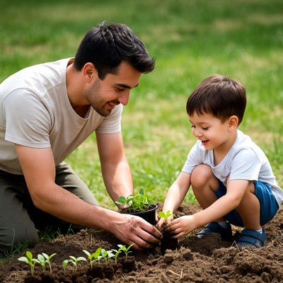 Father and son planting seedlings
