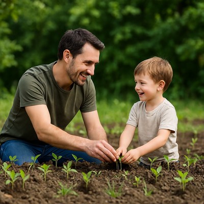 Father and son planting seedlings