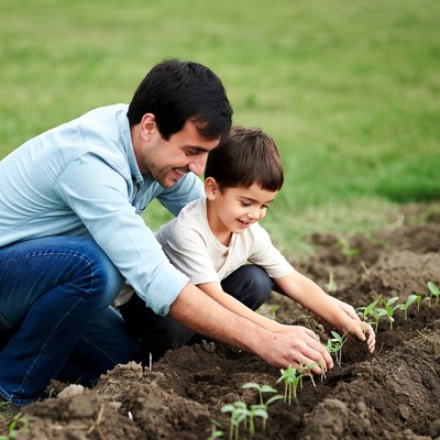 Father and son planting seedlings