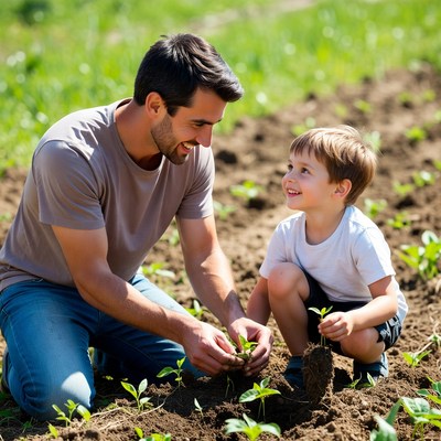 Father and son planting seedlings