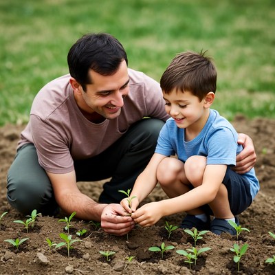 Father and son planting seedlings