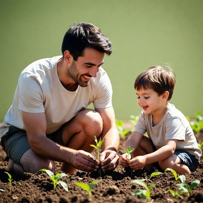 Father and son planting seedlings