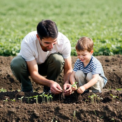 Father and son planting seedlings