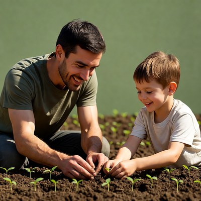 Father and son planting seedlings