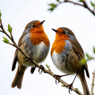 Two Robins Perched on Branch
