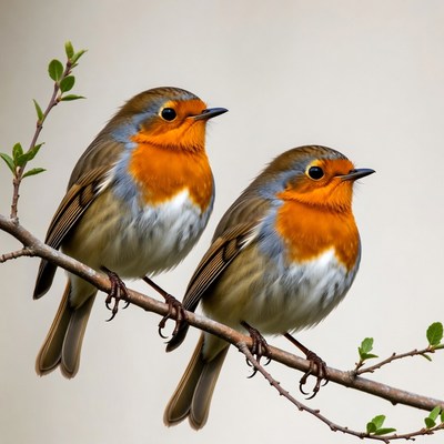 Two Robins Perched on Branch
