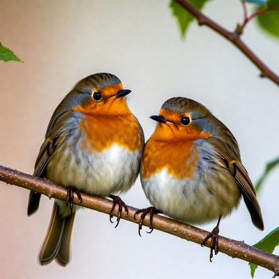 Two Robins Perched on Branch